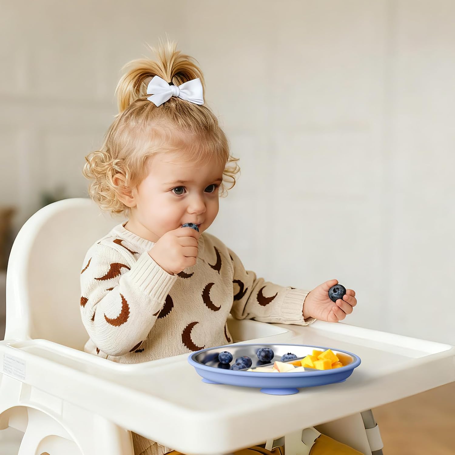 Bakpoco Stainless Steel Suction Plates for Toddlers, 8" Divided Kids Baby Plates with Removable Silicone Suction, Non Toxic Non Slip Portion Control Snack Dishes 3 Packs, Blue Gray Navy image 5