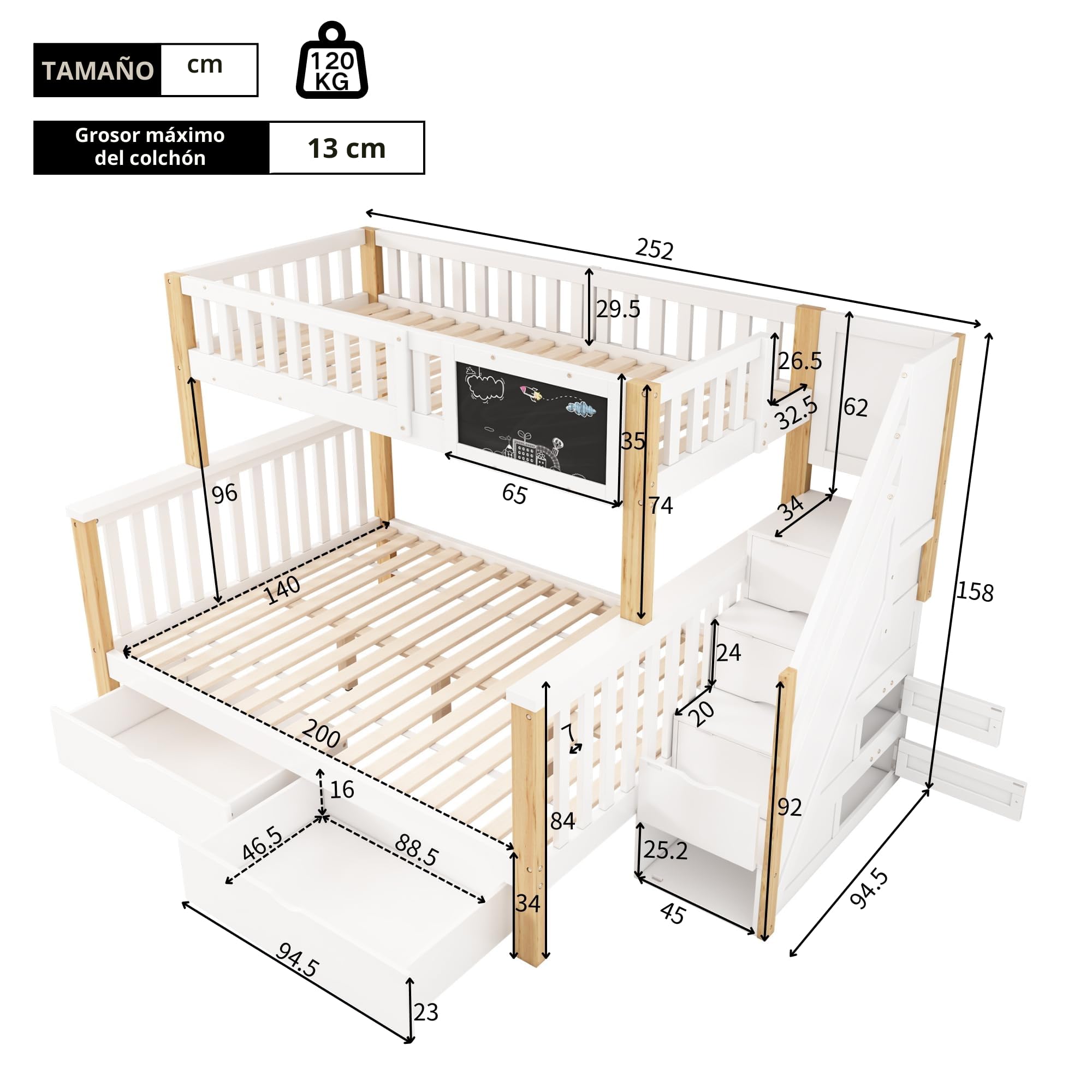 Moimhear Cama apilable infantil, cama doble, 90x200cm+140x200cm, cama infantil multifuncional, con pizarra y cajones, sin colchón (Blanco + color madera)