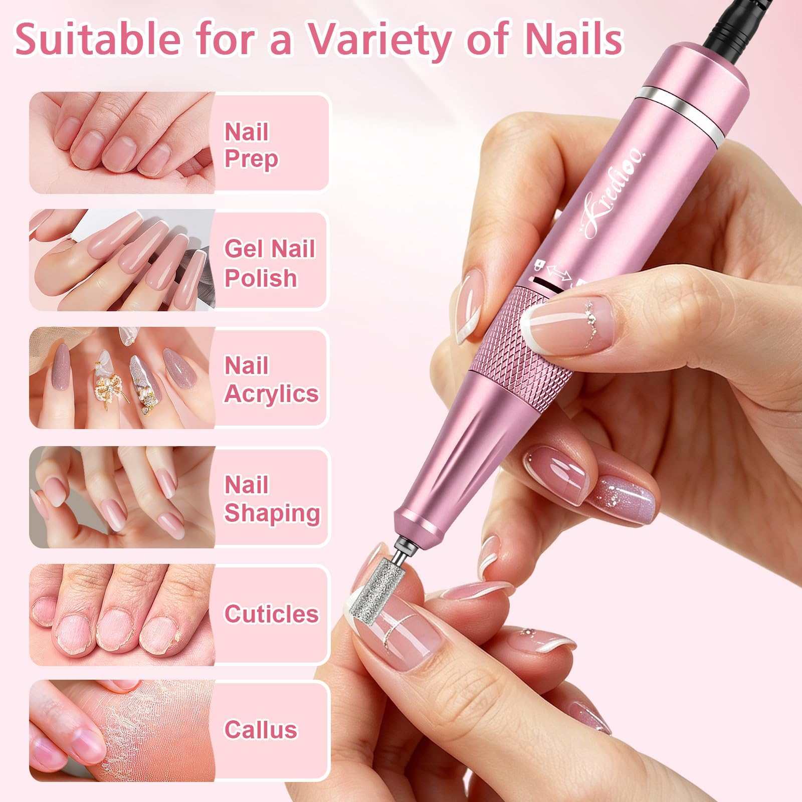 Kredioo Nagelfräser 45000 U/Min Akku Tragbare Elektrische Nagelfeile Rosa