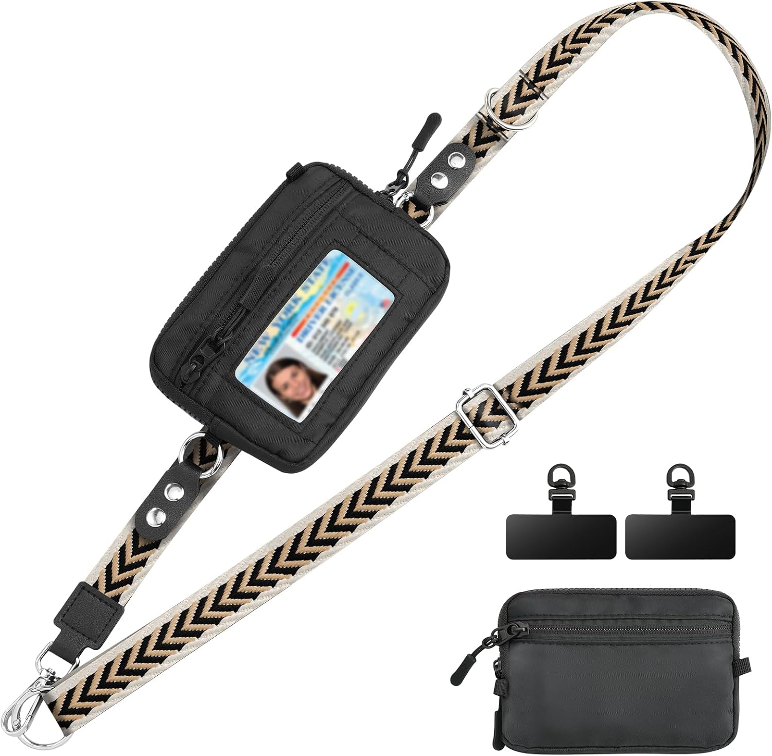TiMOVO Clip and Go Phone Strap with Wallet, Beige & Black V Pattern image 2