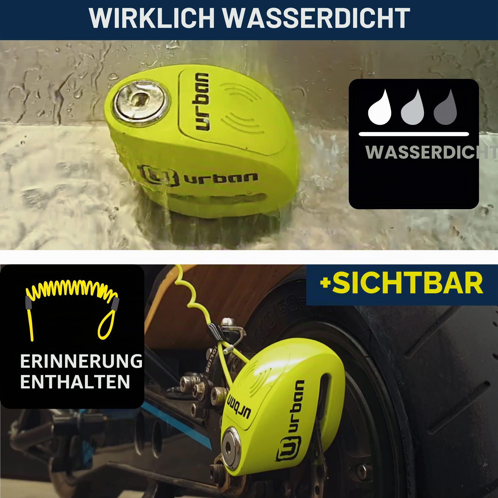 URBAN UR906X Bremsscheibenschloss Alarm 120dB ON/OFF Optionale Aktivierung, Austauschbares Modul, Langlebige Batterie, Erinnerungskabel, Sehr Sichtbar, Universal Diebstahlsicherung Motorrad Roller