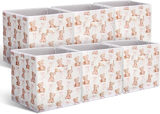 Geelin 6 Pcs Bow Bear Cube Storage Bins 11 in Storage Basket with Handle | Pink Preppy Girls Organizer Basket, Collapsible Fabric Box for Classroom Bedrooms Office Home Decoration Gift