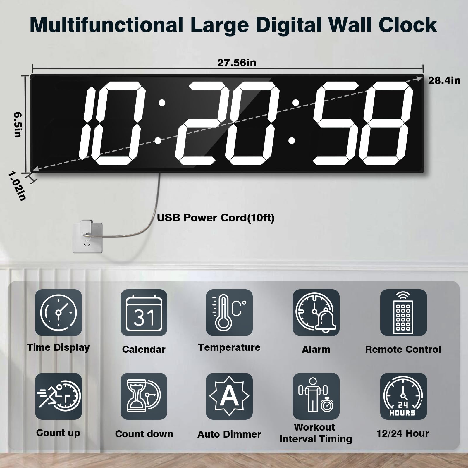 CHKOSDA Orologio da parete digitale con ampio display, LED da 71,4 cm, 6 cifre, grande orologio con luminosità regolabile, timer digitale multifunzione con conto alla rovescia e cronometro (bianco)