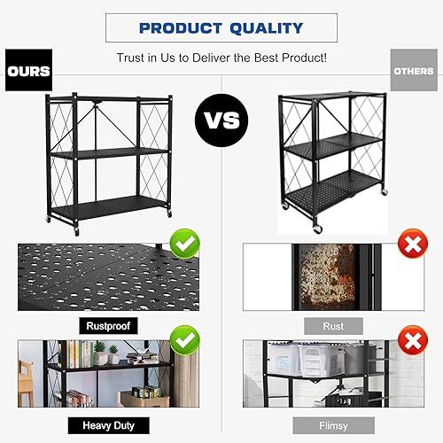 Miniatura 4 de Estante de almacenamiento plegable de 3 niveles con ruedas, estante plegable de metal, carrito rodante para libros, estantes de almacenamiento de
