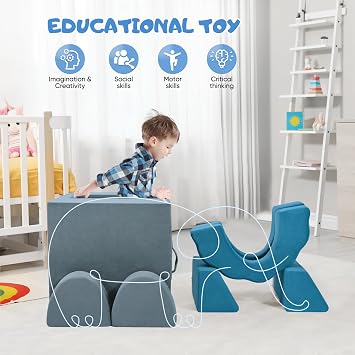 Kids Sofa, Modular Play Couch, Kids Sofa, Bedroom and Playroom Furniture for Toddlers, Convertible Foam (Set of 10 - Grey/Blue)
