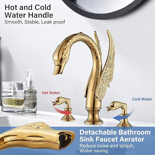 Miniatura 4 de Gold Swan - Grifo para lavabo de baño, 3 agujeros, grifo de baño, doble cisne, lavabo, mezclador, grifo mezclador de baño, grifo contemporáneo,