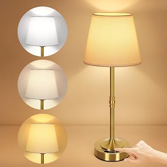 OUTON Cordless Table Lamp Rechargeable, Touch Dimmable LED Bedside Lamp with Fabric Shade, 3 Color Temperatures, USB-C Charging, Battery Display, Memory Function for Bedroom Dining Room Counter, Gold