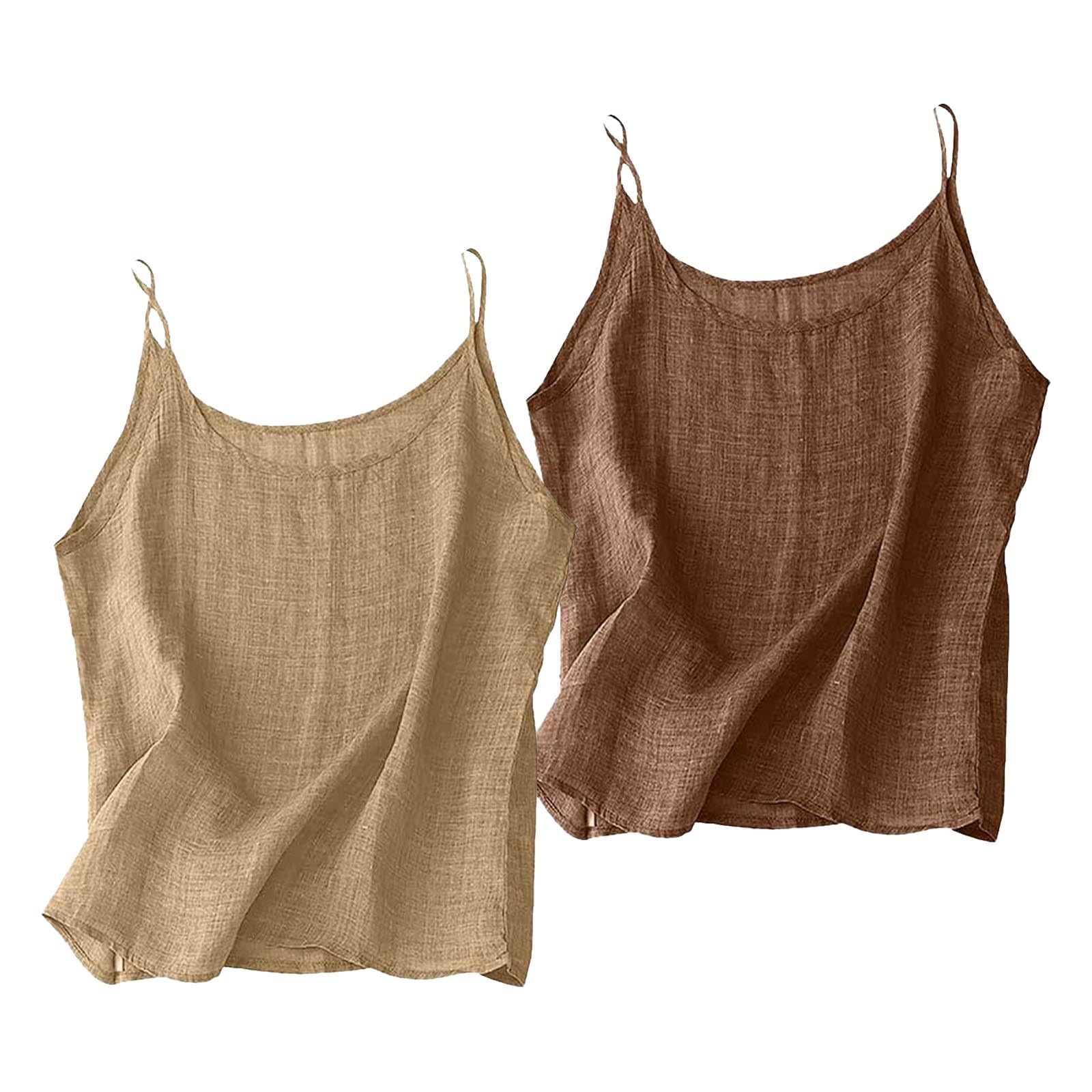 Lot de 2 Débardeur en Gaze de Coton et Lin Femme sans Manches Haut a Bretelles Grande Taille Col Rond Caraco Basique Ample Décontracté Chic et Élégant Vetement Ete Top Femme