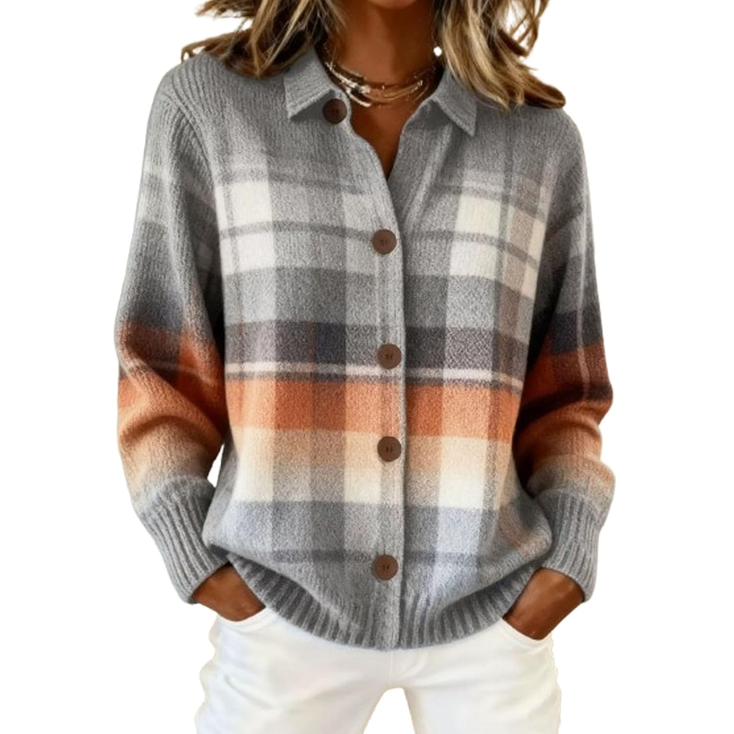 Womens Plaid Print Casual Cotton Buttoned Cardigan Sweater Plaid Knitted Cropped Cardigan Sweater V Neck Button Up Cardigans