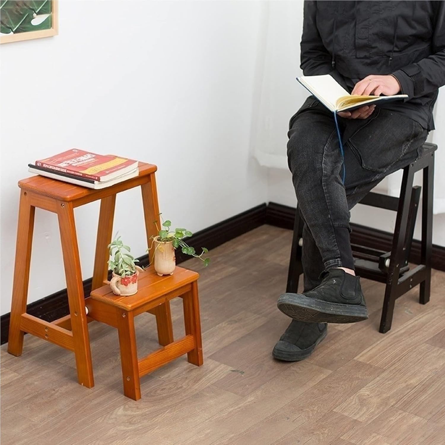 Wooden Step Stool Home 2 Steps Ladder Chair, Flip Ladders Stool Small Foot Stools Safety Non-Slip Tread Ladders for Home Library Kitchen Climb Step Ladder