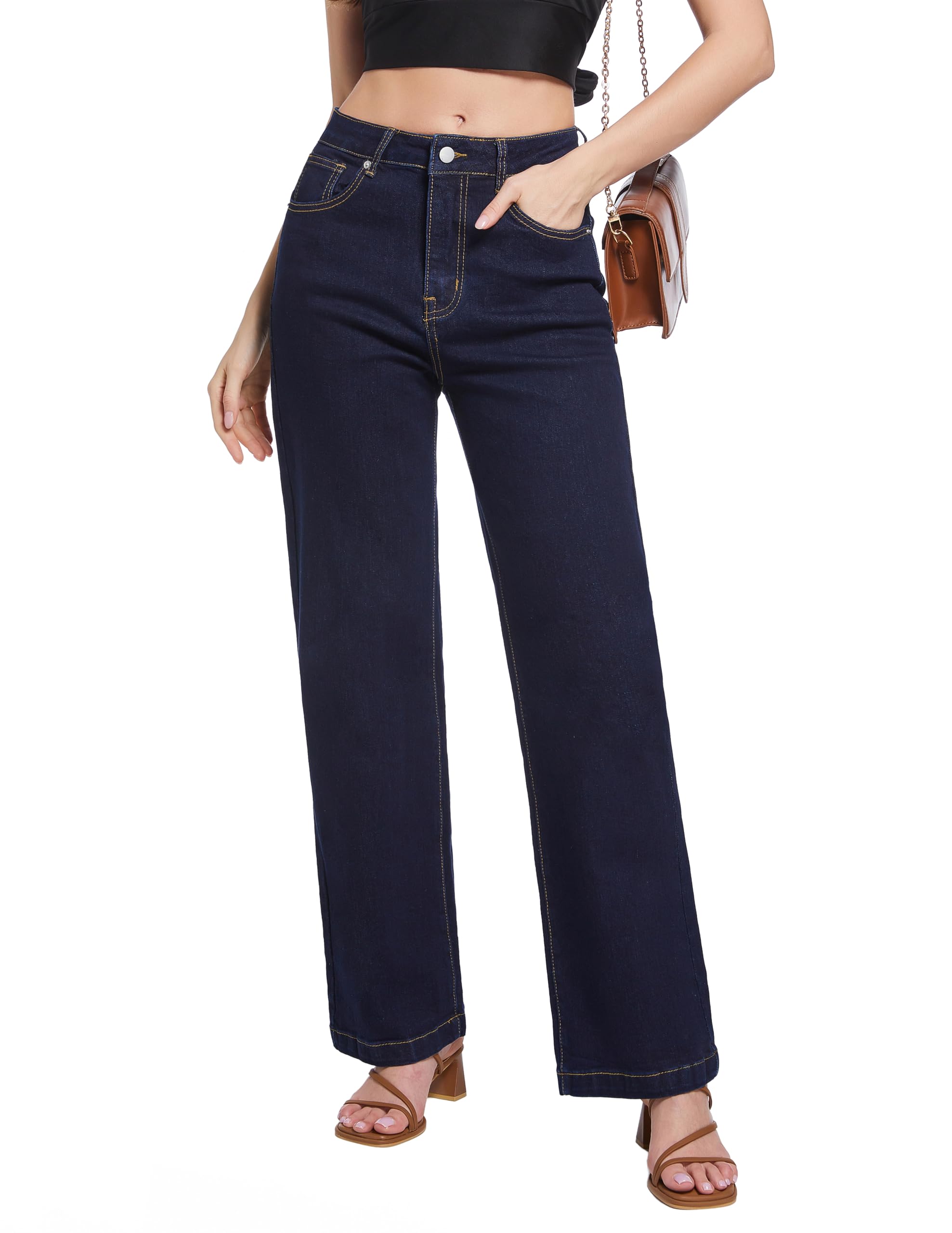 Women's Jeans High Waisted Straight Leg Stretchy Jeans Trendy Wide Leg Tummy Control Loose Casual Denim Pants
