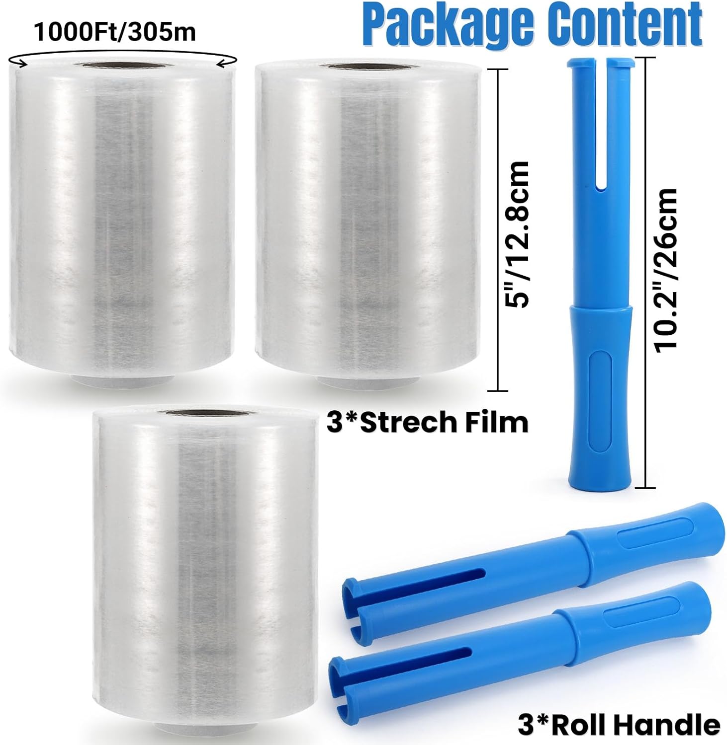 Noamus 3 Pack 5" x 1000ft Clear Industrial Stretch Wrap Film, 100 Gauge Mini Plastic Wrap with Handle, Heavy Duty Stretch Film Roll, Thick Cling Pallet Wrap for Packing, Moving Supplies, Packaging