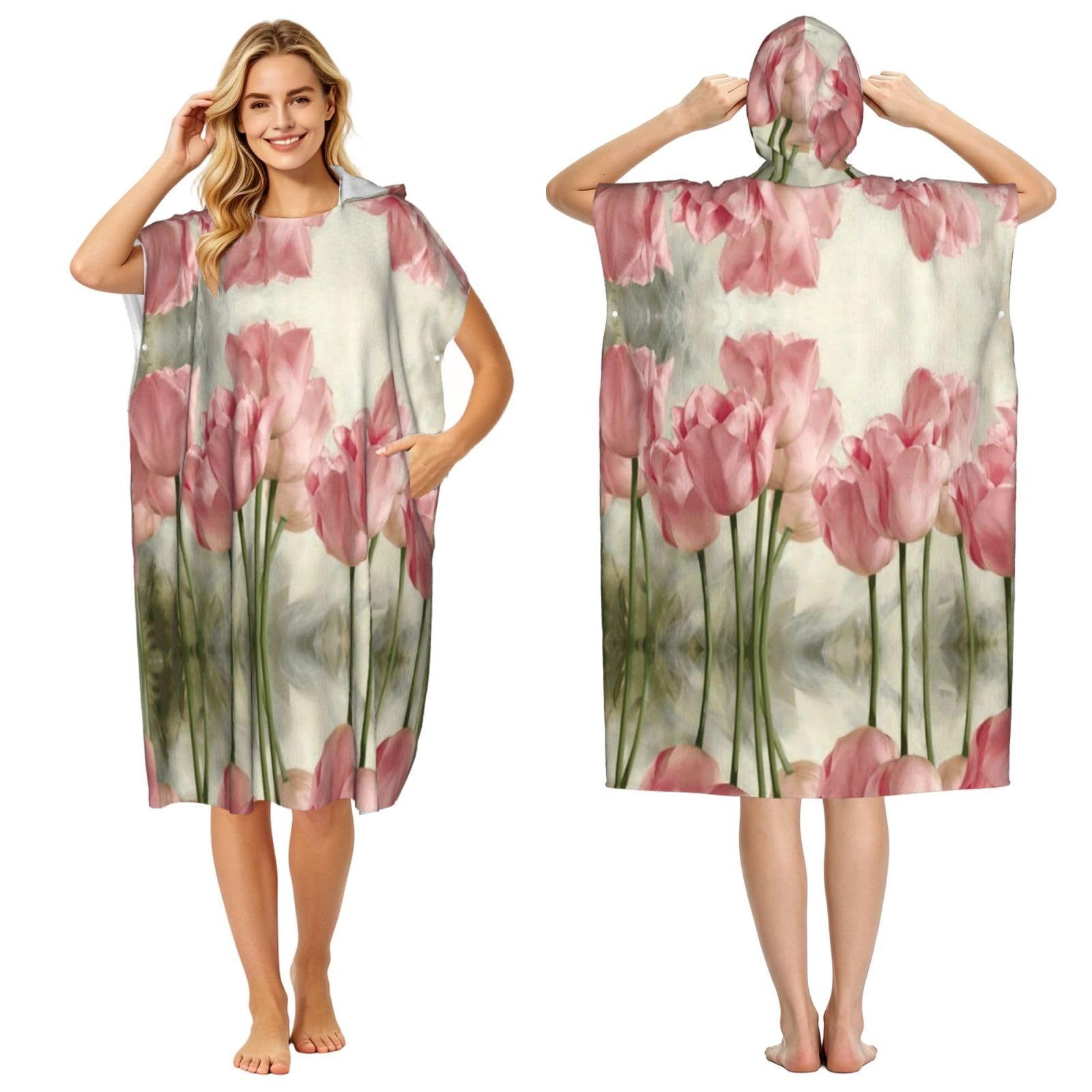 Peignoir à capuche séchage rapide poncho léger tulipes roses