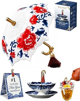 Umbrella Tea Infuser Ceramic Blue and White Porcelain Umbrella Shaped Tea Strainer Diffuser Cup Set Loose Leaf Filter with Rotating Design Retro Pot Funnel Accessory Tool Coffee BrewingRed