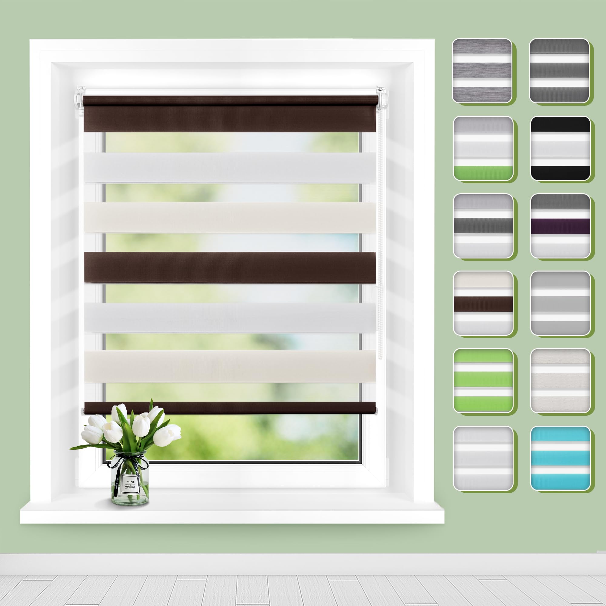 Doppelrollo Klemmfix ohne Bohren B95 x H130(Stoffbreite 91cm) Weiß-beige-braun, Rollos für Fenster, Rollo ohne Bohren mit Lichtdurchlässig und Verdunkelnd/Höhe Stufenlos Verstellbar/Kindersicherung