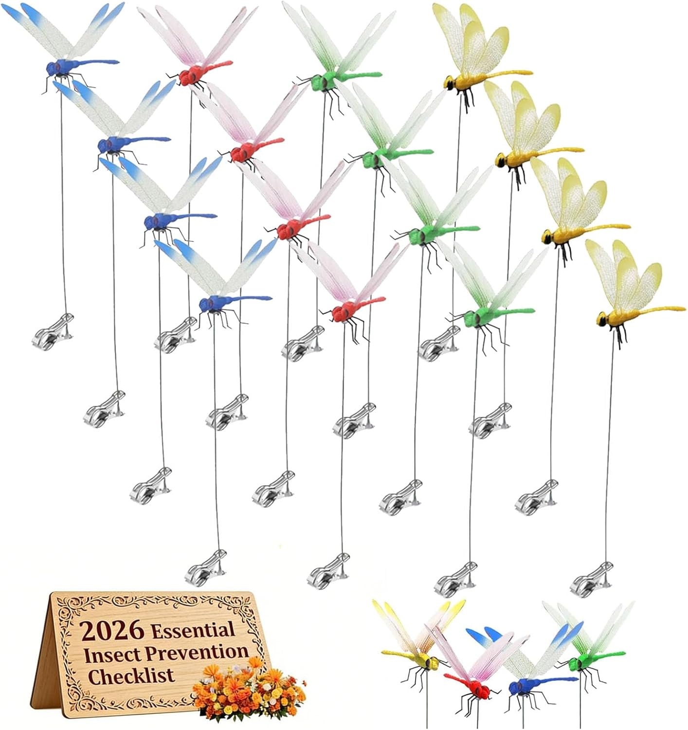 20Pcs Dragonfly Dragon Fly Clips for Bugs Repellent Decor 3D Garden Outdoor Flying Butterflies Decorations Fake to Keep Away Metal Bamboo Stakes Decorative Yard Ornaments Hat Golf Moving (4 Color)