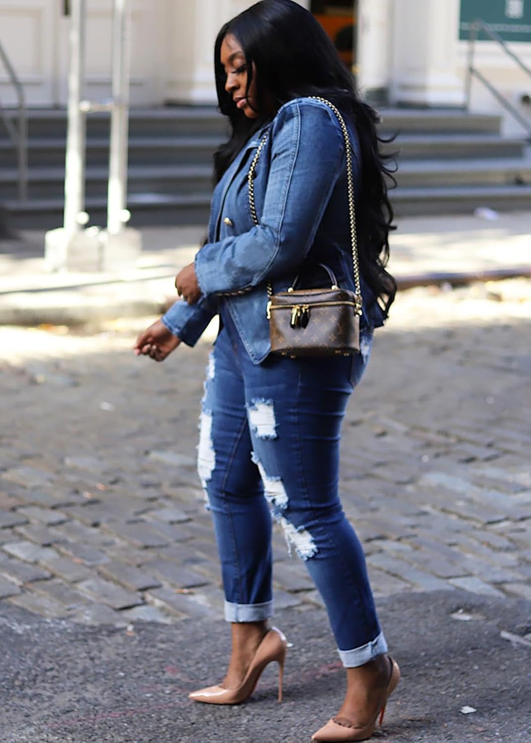 Nihsatin Women's Puff Sleeve Denim Tailored Blazer Double Breasted Flap Details Jeans Jacket