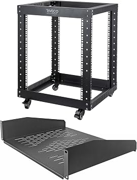RIVECO 12U Server Rack Open Frame with Casters + RIVECO 19 2U Rack Shelf
