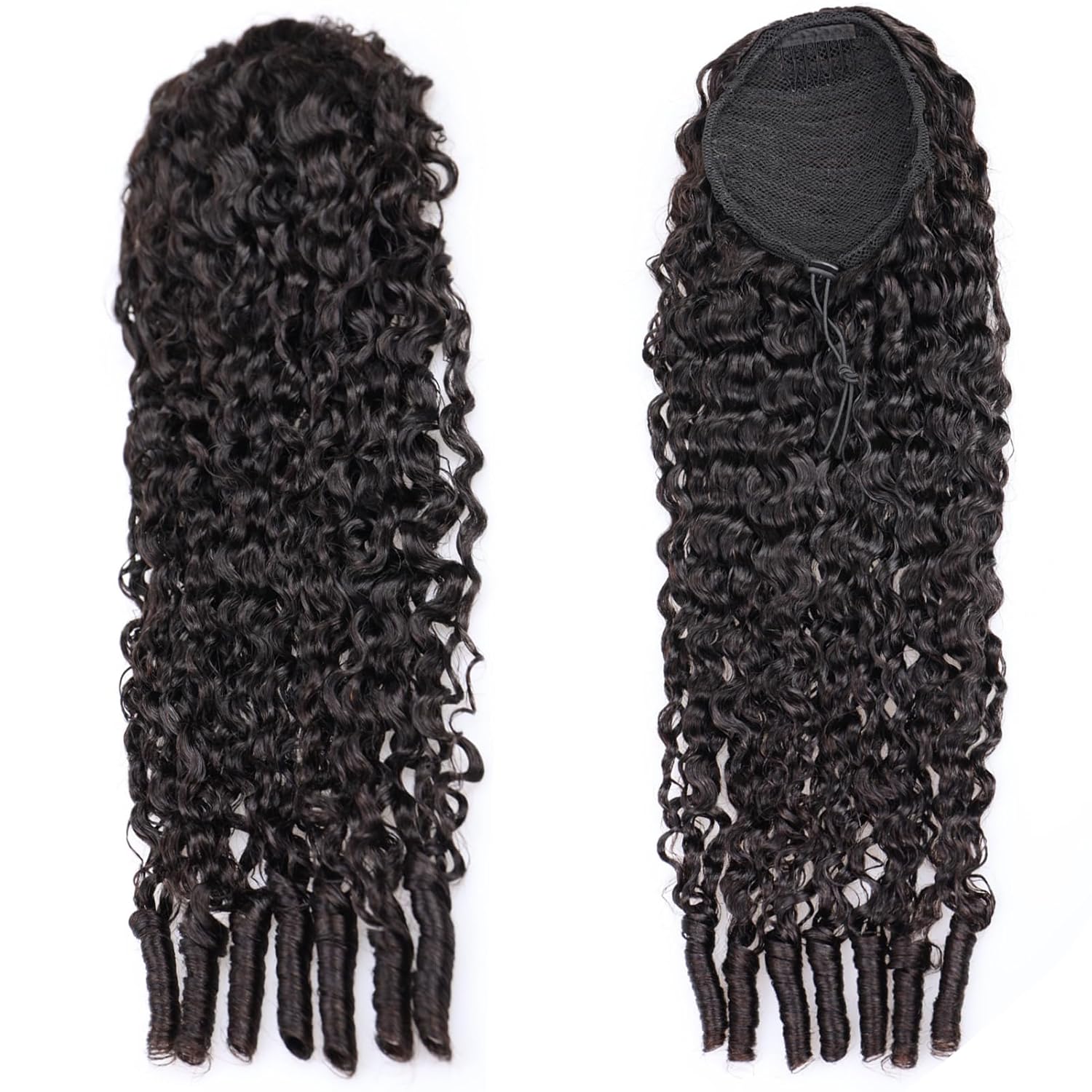 YMS Burmese Curly Ponytail Extensions Human Hair 14 Inch 3C4A Curly 16A Unprocessed Burmese Raw Human Hair Ponytail for Women Natural Color Clip Ins Drawstring Hair Pieces with Spiral Curls