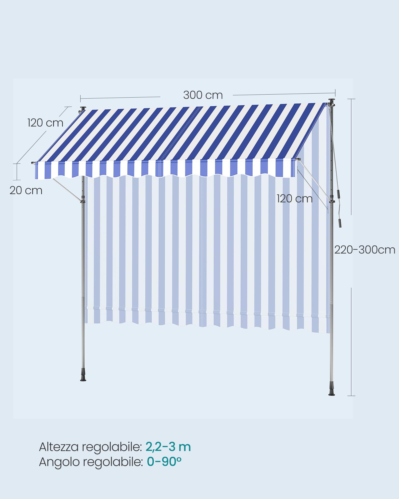 SONGMICS Tenda da Sole Avvolgibile, Tendalino Parasole Retrattile Manuale, Regolabile in Altezza con Manovella per Balcone Giardino Patio, 300 x 120 cm, Blu e Bianco GSA302QZ01