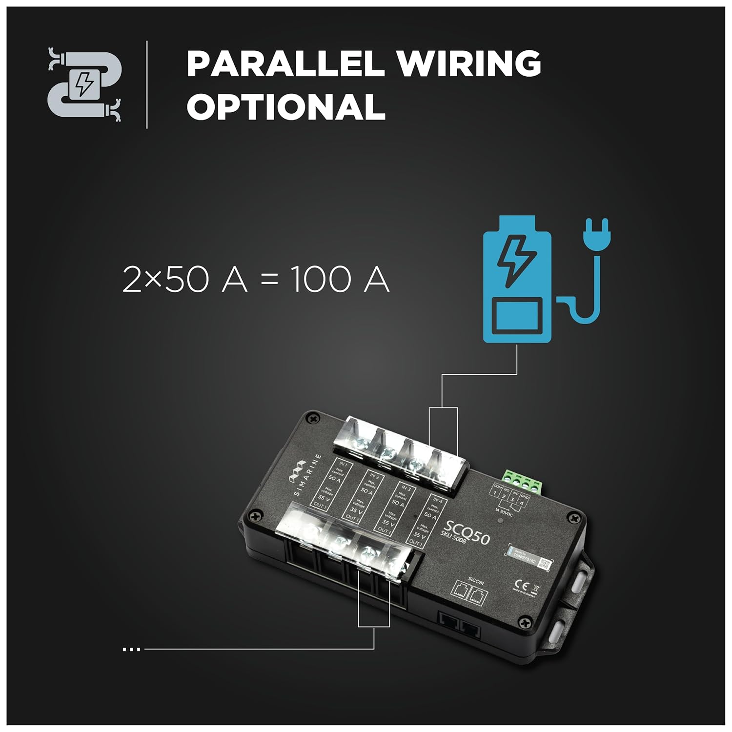 Simarine SCQ50 Quadro Shunt Module, Load & Solar Monitoring, 4 x 50 A per Channel, A Built-in, Programmable Alarm Signal Relay. Compatible with Simarine PICO Battery Monitor and VIA Control Panel