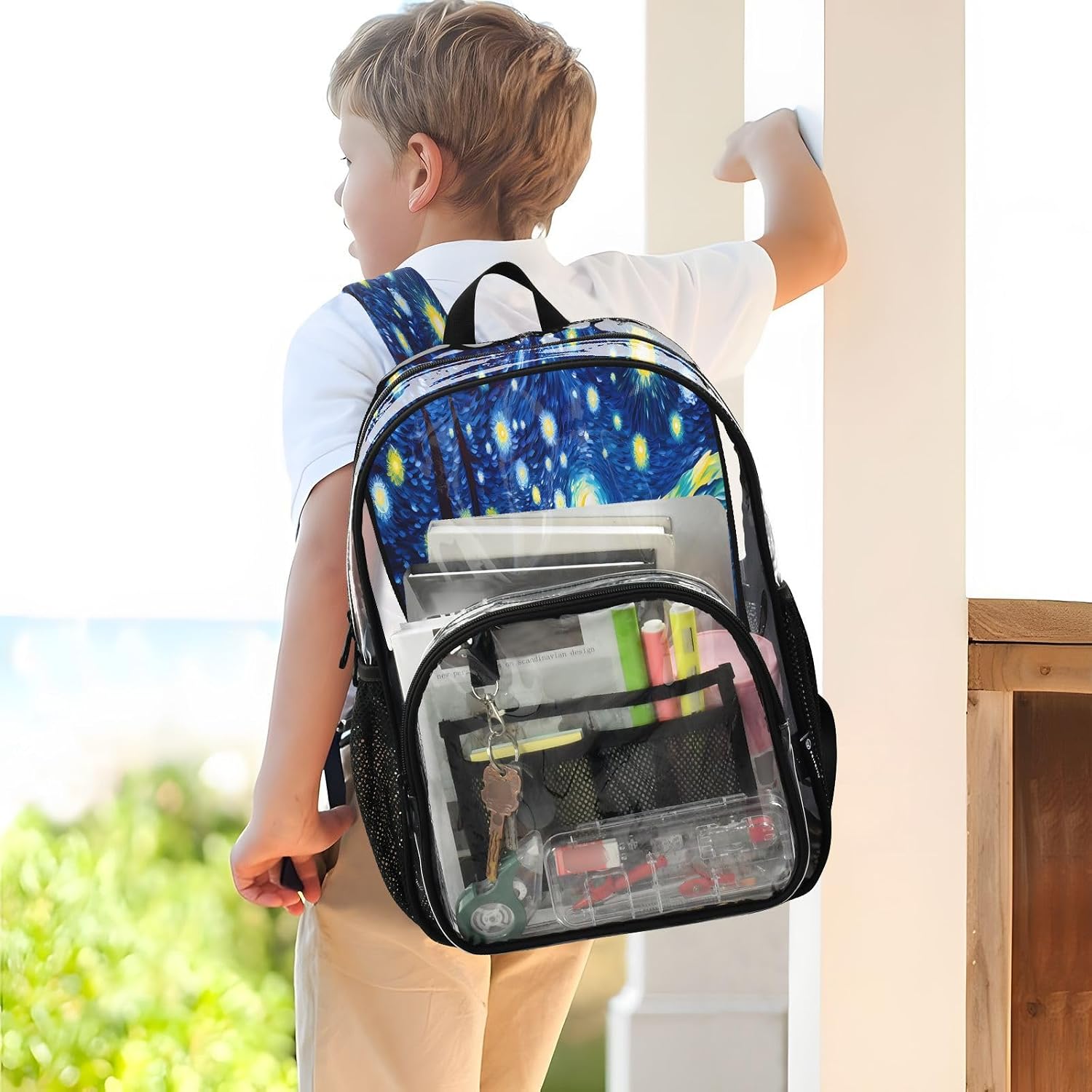 Starry Night Mountain Art Clear Backpack Heavy Duty See Through Transparent PVC BookBag for Kids Boy Girl Adult School Work
