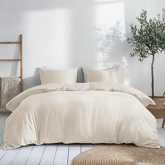 Beige Cotton Satin Duvet Cover Set - 3-Piece Bäddset with Pillowcases
