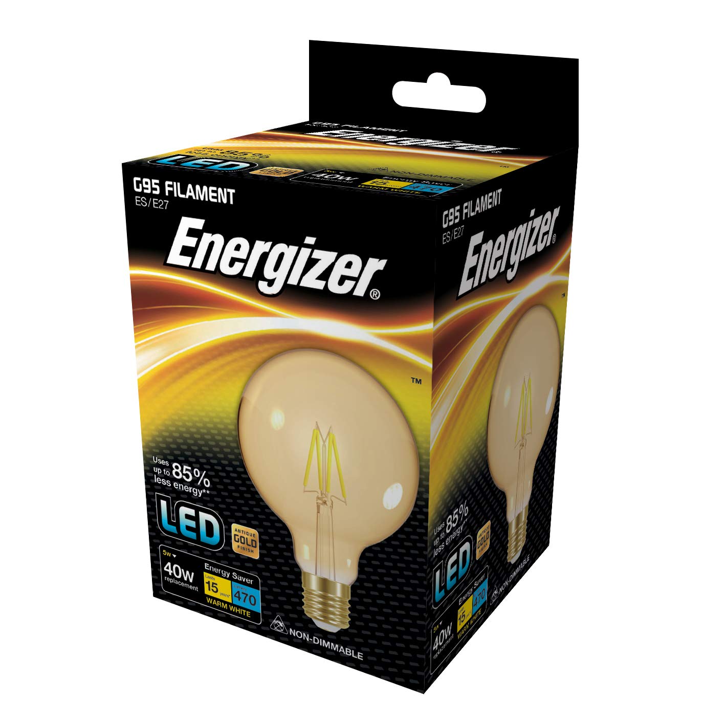 Energizer Warm White E27 Golf G95 Led Gold Filament Light Bulb - 5W. 2200K, 470 Lumen Energy Saving Lightbulb. Non-Dimmable - Large Edison Screw (Es)