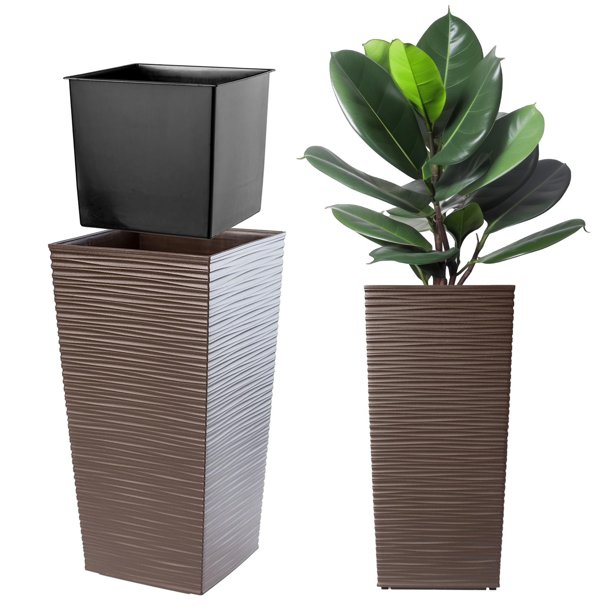 KADAX Macetero Alto de Diseño Moderno para Plantas de Interior y Exterior, Maceta Grande de Plástico, Jardinera Alta (Marrón, Texturizado, 57.5 cm, Aprox. 24L)