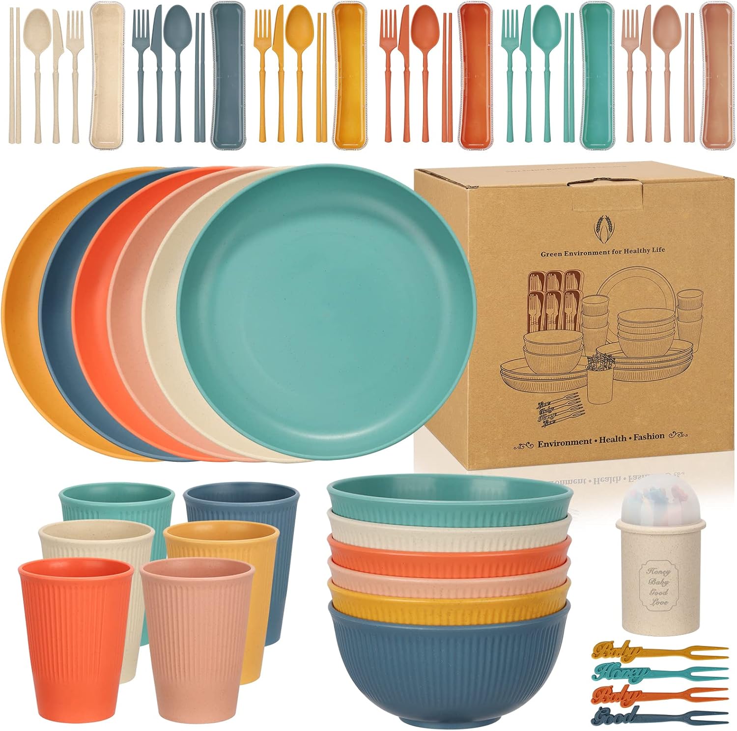Chuboir 60pcs Dinner Set, Camping Plates and Bowls Set for 6 People