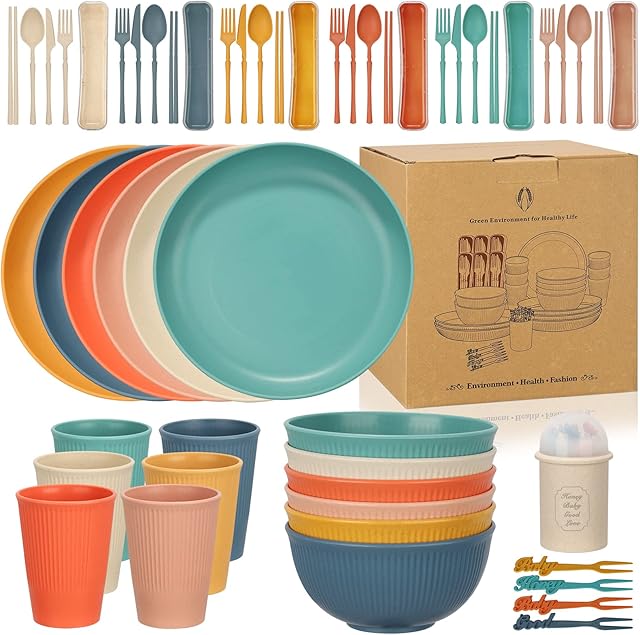 60pcs Dinner Set, Camping Plates and Bowls Set for 6 People, Unbreakable Tableware, Plastic Lightweight Serving Plates, Bowls, Cups, Cutlery Set, Forks for Camping, Picnic, Party, RV, Dorm