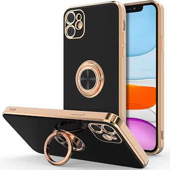 Hython for iPhone 11 Case with Ring Stand [360 Rotatable Ring Holder Magnetic Kickstand] [Support Car Mount] Plating Rose Gold Edge Slim Soft Flexible TPU Luxury Phone Case Cover, Black