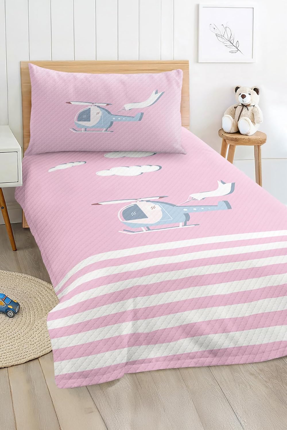 SODEF Bedding Set Twin Size Helicopter Pattern Kids Room Quilt Set Lightweight Cotton Polyester Blend Fade Resistant 2 Piece Set Multicolor - Multicolor, One Size