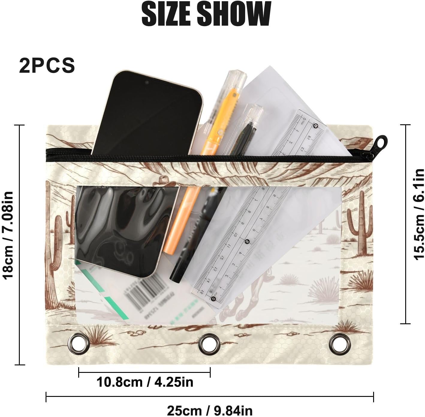 Kcldeci 2 Pack Pencil Pouch for 3 Ring Binder, American Wild Western Desert Cowboy Binder Pencil Pouch Pencil Case Pencil Bag Pouch Bulk for Home, Office, School Supplies image 3