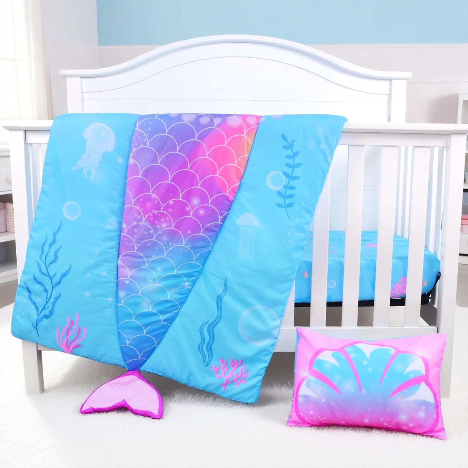 UOMNY Crib Bedding Set for Girls-3 Piece Mermaid Baby Girl Crib Bedding Sets with Baby Comforter Crib Sheet Pillowcase,Nursery Bedding Set