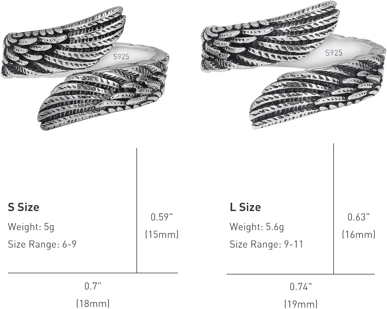 925 Sterling Silver Angel Wing Feather Ring for Women Men, Adjustable Open Band, Vintage Antique Style Jewelry - Image 4