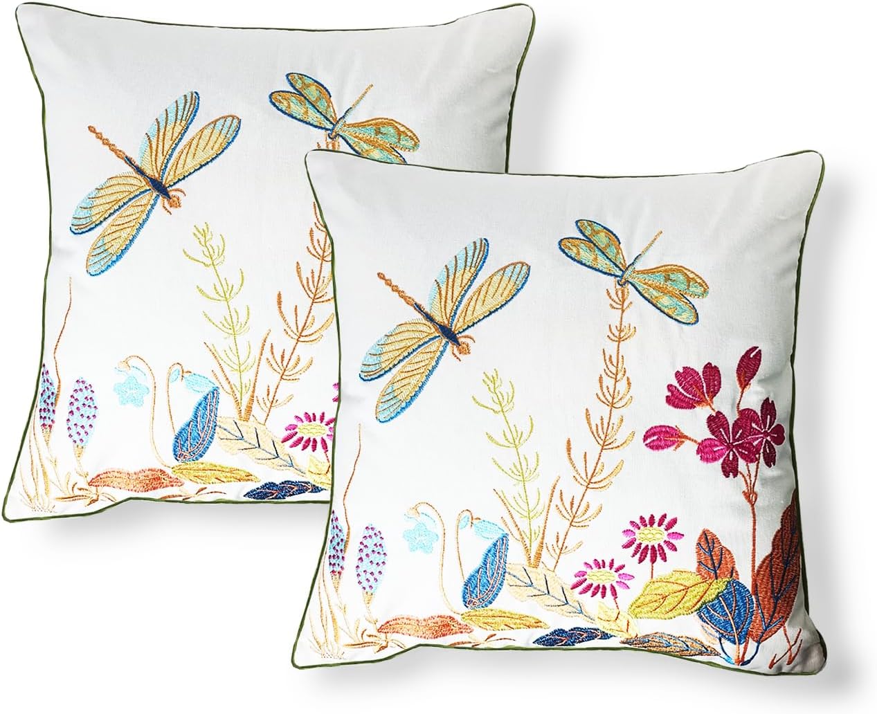 SZHELEJIAM 18x18 Yellow Dragonfly Embroidered Pillow Covers Set of 2 - Soft Cotton Cushion Covers with Piping for Sofa Bed Decor