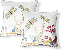 SZHELEJIAM 18x18 Yellow Dragonfly Embroidered Pillow Covers Set of 2 - Soft Cotton Cushion Covers with Piping for Sofa Bed Decor