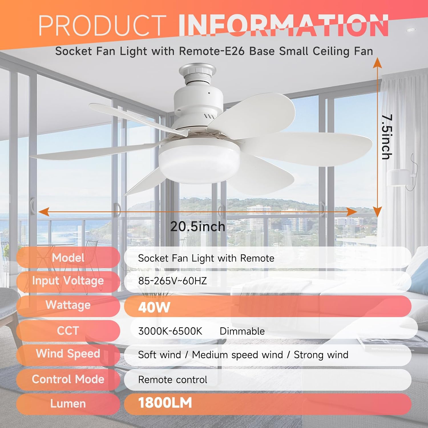 Product information diagram showing the SAITX Socket Fan Light with dimensions: 20.5 inches diameter and 7.5 inches height. Also lists Model, Input Voltage, Wattage, CCT, Wind Speed, Control Mode, and Lumen.