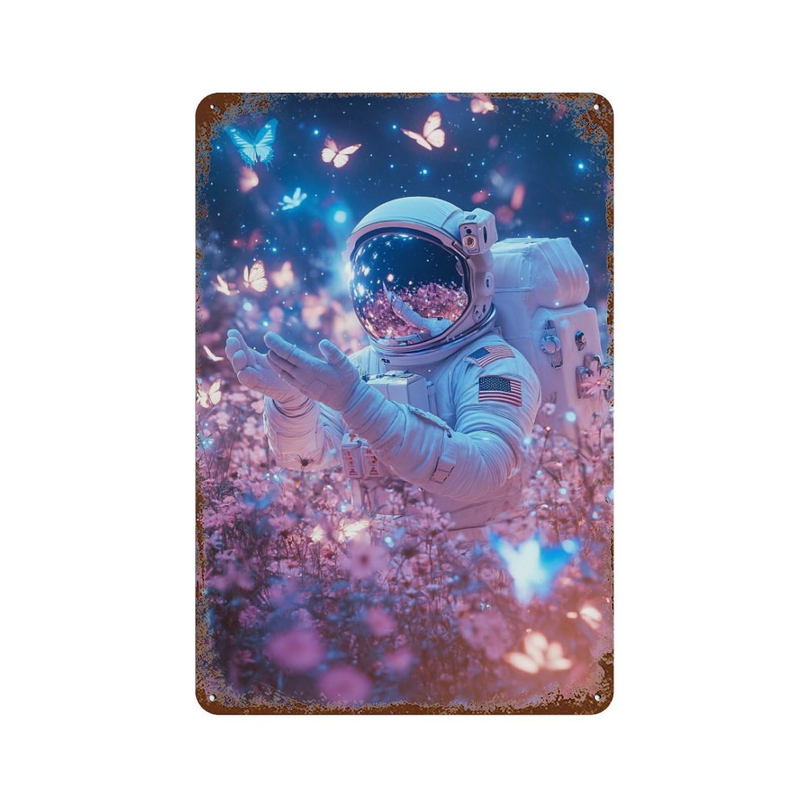 Distressed Metal Wall Sign Astronaut in Flower Field 11.8"x7.9", Vintage Wall Decor for Garage, Bar And Workshop Decor