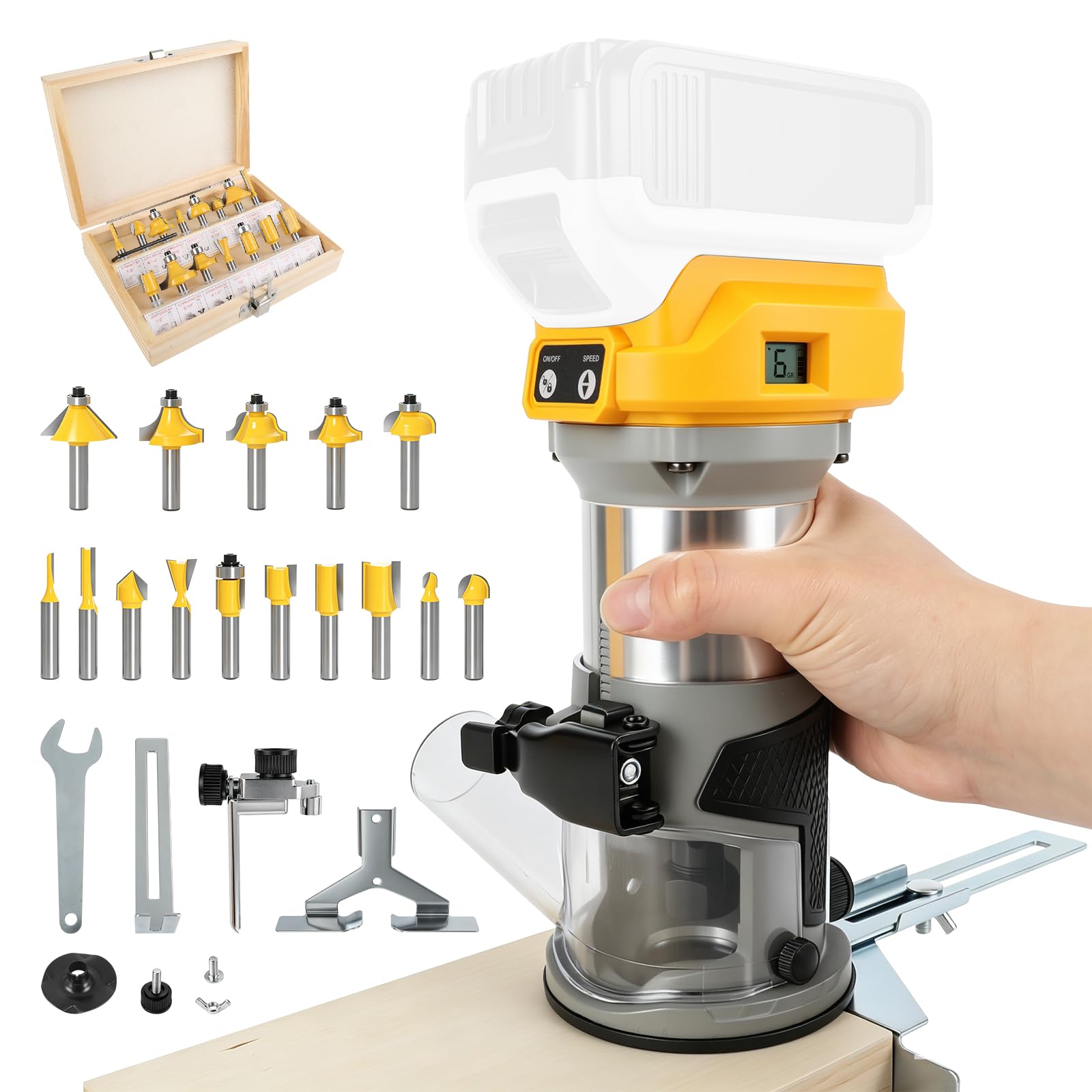 Cordless Wood Router for Dewalt 18/20V, 30000 RPM Brushless Hand Palm Router with Digital Display, 6 Speeds for Woodworking Slotting Trimming with 15pcs 1/4" Shank Router Bits — image 1