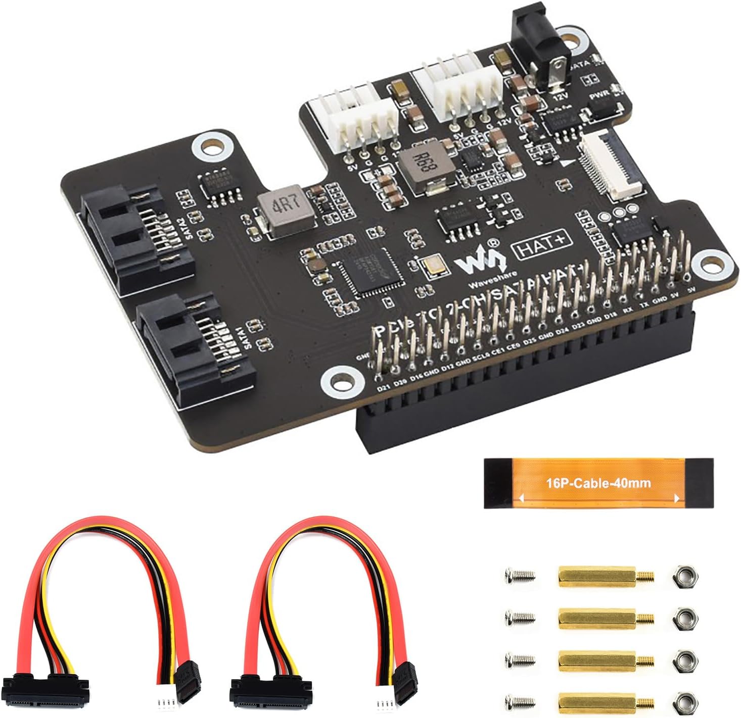 PCIe to 2-Channel SATA HAT+ Adapter for Raspberry Pi 5, SATA 3.0 Expansion Board with Dual-SA-TA Ports, LED Indicators, EEPROM, Plug and Play, High-Speed HDD/SSD Storage Support