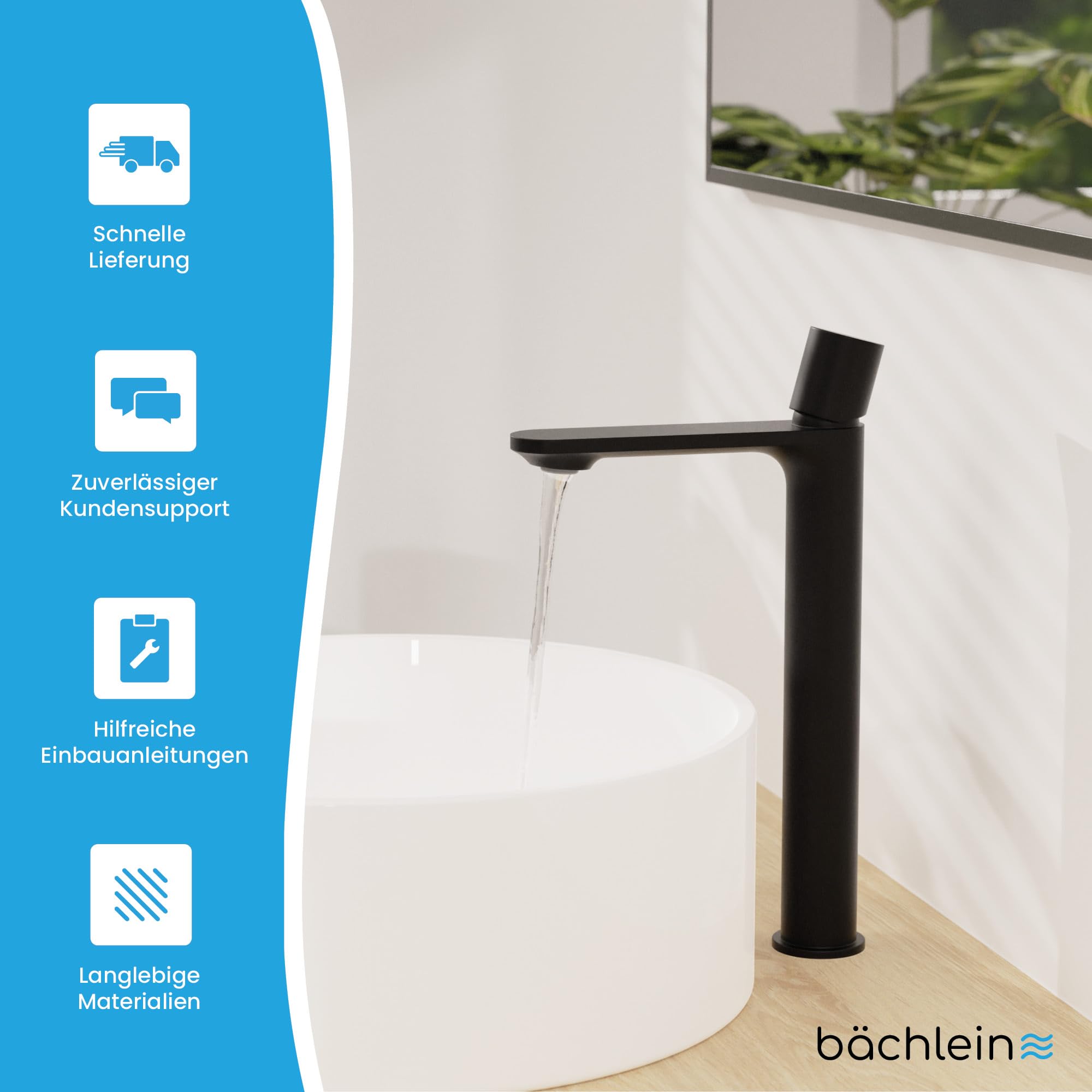 Bächlein Badarmatur Isaya hoch in modernem Design, extra hoher Einhebelmischer mit langlebiger Keramikkartusche und Montage-Set, Bad Wasserhahn Schwarz Matt