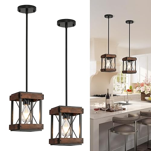 HOXIYA Farmhouse Pendant Light, 2 Pack Rustic Farmhouse Linear Chandelier