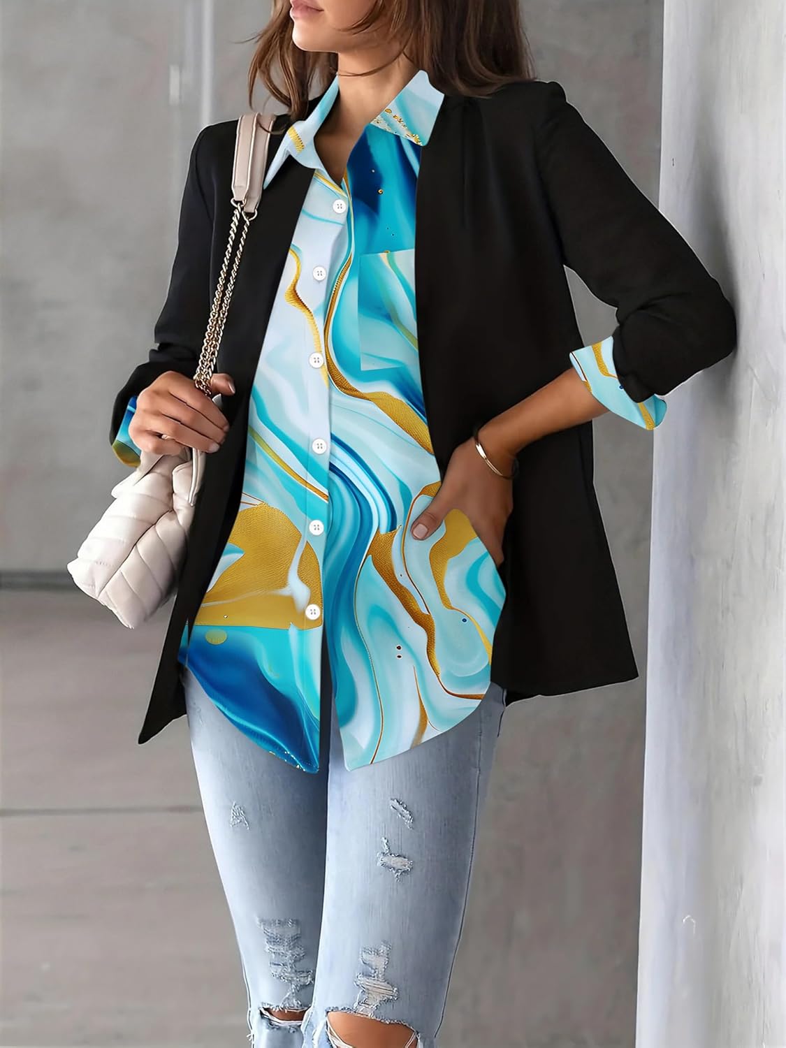 Zeagoo Womens Button Down Shirt Long Sleeve Blouse Business Work Tops Dressy Casual Floral Printed Outfits with Pocket - Image 4