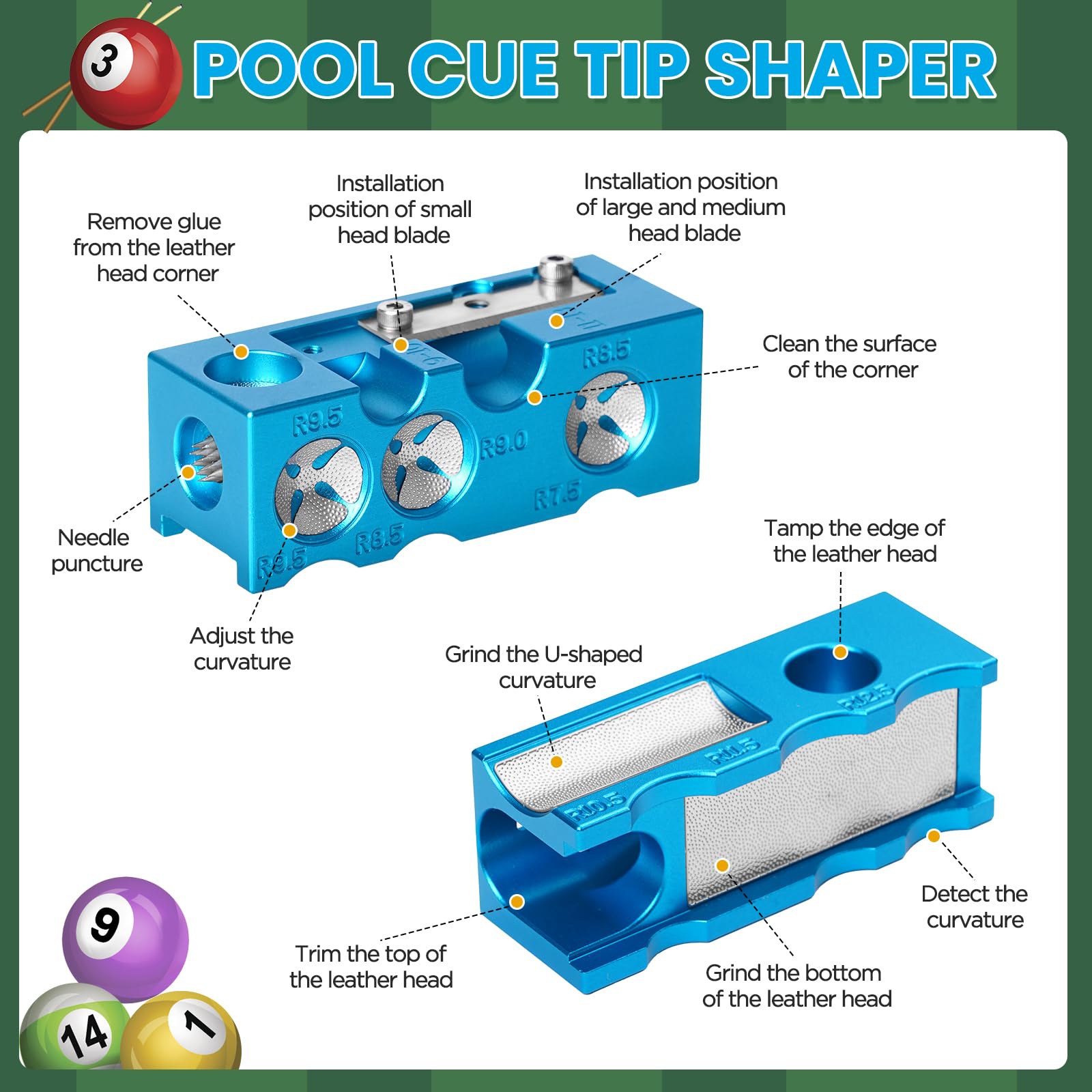 YAKUHY 11-in-1 Aluminum Alloy Pool cue Tips Replacement kit,Pool cue tip Shaper,Professional Cue Stick Tool Kit,Pool cue Shaper Accessories for Replacement and Shaping Cue Tips (Blue)