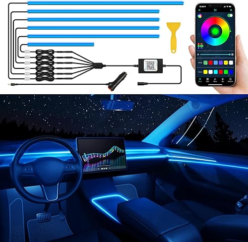 Tira de luz LED de acrílico para interior de automóvil con aplicación inalámbrica, RGB 6 en 1 con 175 pulgadas, 593 luces LED de neón de fibra