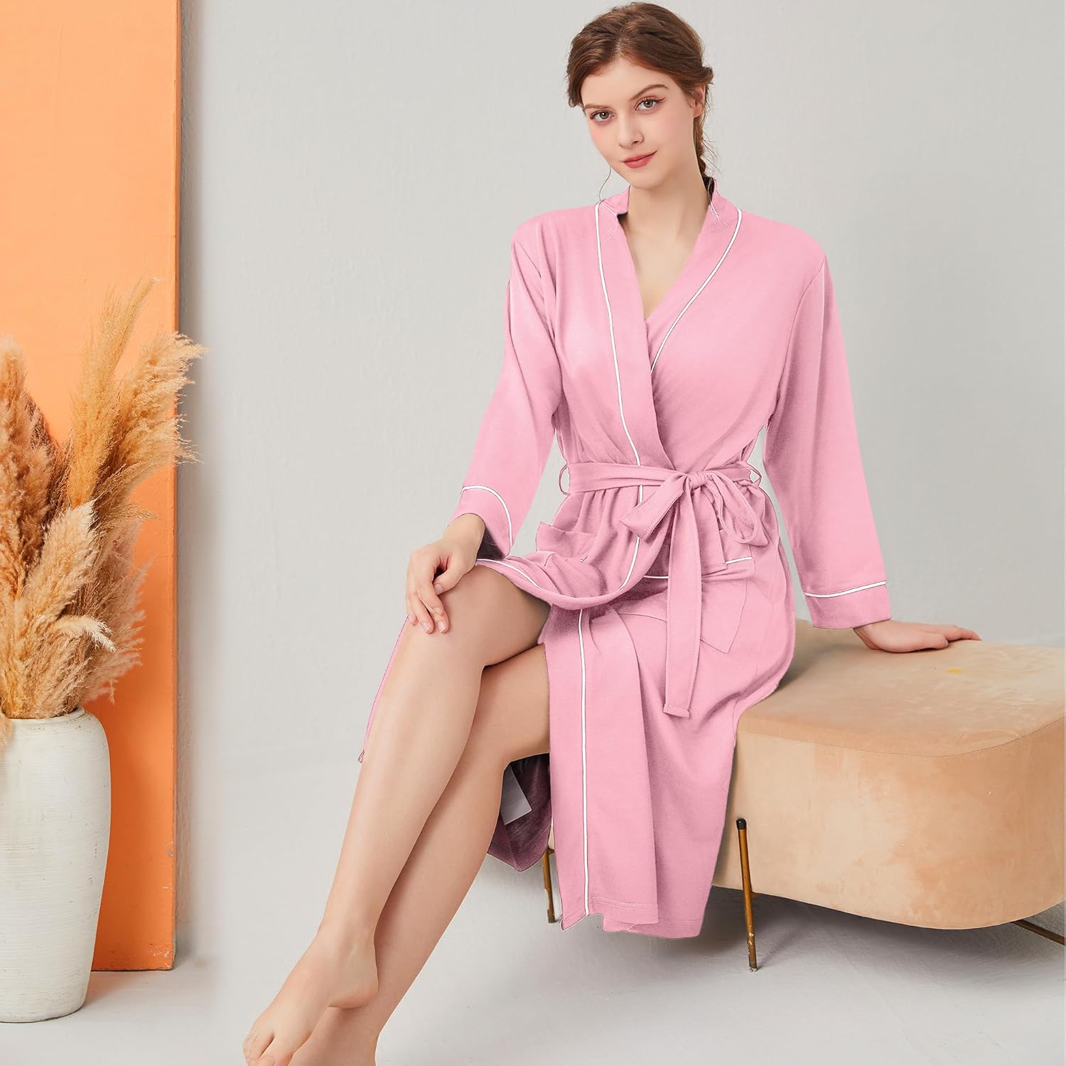 Womens Lightweight Robe, Knit Kimono Robe for Women Spa Cozy Sleepwear Knee Length Bathrobe with Pockets - Image 5