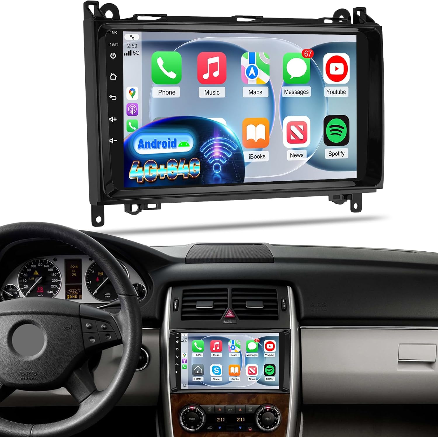 [4+64G] Car Radio for Mercedes Sprinter W906 W639 Vito Viano W169 W245, 9 Inch Android Car Stereo with Wireless Carplay and Android Auto, EQ Audio, GPS Navi, WiFi, Mirror Link, SWC + AHD Backup Camera