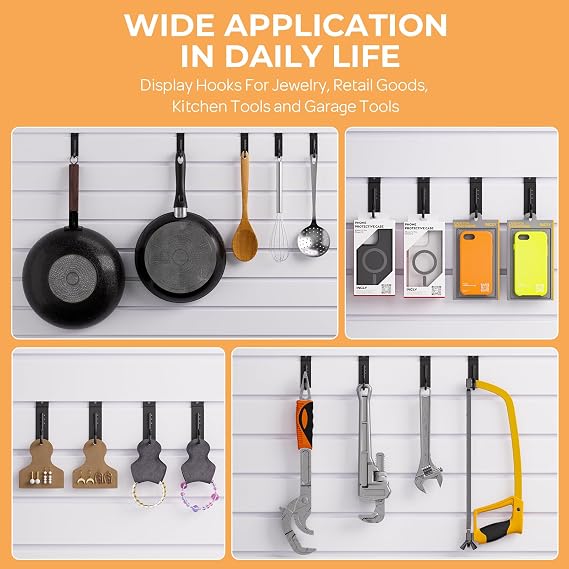 INCLY J-Shaped Slatwall Hooks, 25 Pack Slatwall Accessories Display Hooks | Heavy Duty Slat Wall Hanging Hook and Hanger for Garage, Kitchen, Retail Store